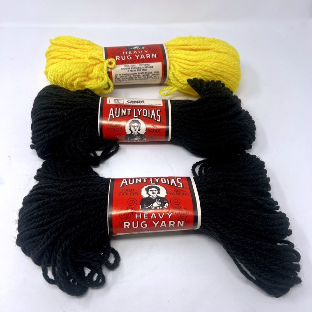 Vintage Aunt Lydia's Heavy Rug Yarn Lot of 3 Black 0825 Yellow 0510 NOS 60 Yards
